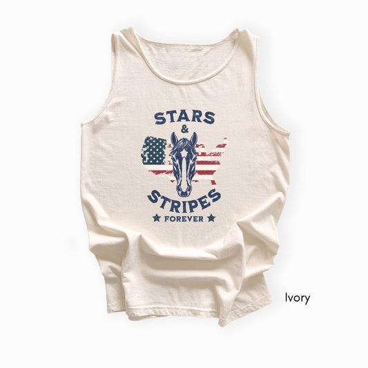 Stars & Stripes Forever Patriotic Horse Lover Unisex Garmet Dyed Tank Top
