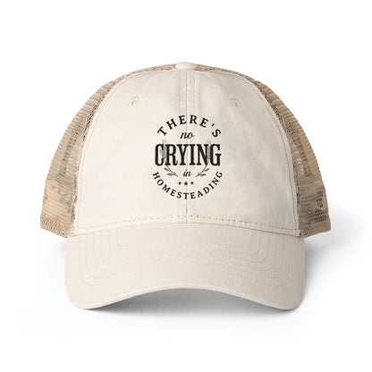 There's No Crying in Homesteading - Women's Washed Mesh-Back Baseball Cap, Gift for Mom/Homesteader