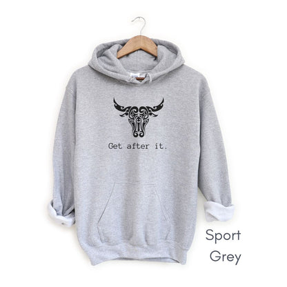 Get After It Unisex Heavy Blend™ Hooded Sweatshirt | Motivational Sweatshirt | Bull | Grab life by the horns