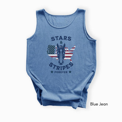 Stars & Stripes Forever Patriotic Horse Lover Unisex Garmet Dyed Tank Top