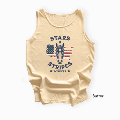Stars & Stripes Forever Patriotic Horse Lover Unisex Garmet Dyed Tank Top