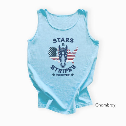 Stars & Stripes Forever Patriotic Horse Lover Unisex Garmet Dyed Tank Top