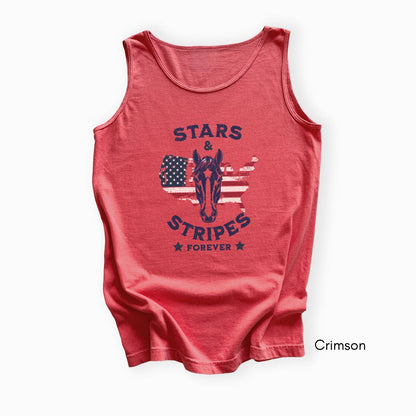 Stars & Stripes Forever Patriotic Horse Lover Unisex Garmet Dyed Tank Top