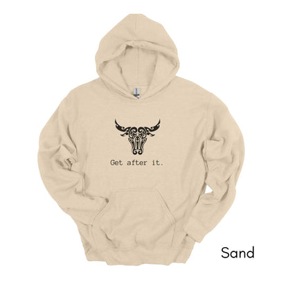 Get After It Unisex Heavy Blend™ Hooded Sweatshirt | Motivational Sweatshirt | Bull | Grab life by the horns