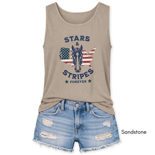 Stars & Stripes Forever Patriotic Horse Lover Unisex Garmet Dyed Tank Top
