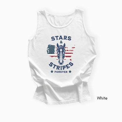 Stars & Stripes Forever Patriotic Horse Lover Unisex Garmet Dyed Tank Top