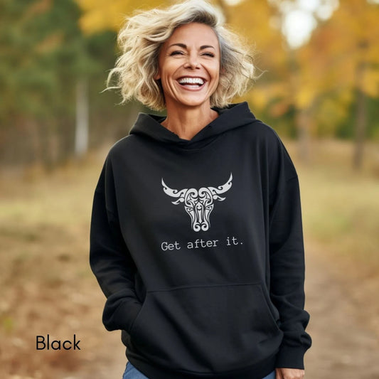 Get After It Unisex Heavy Blend™ Hooded Sweatshirt | Motivational Sweatshirt | Bull | Grab life by the horns