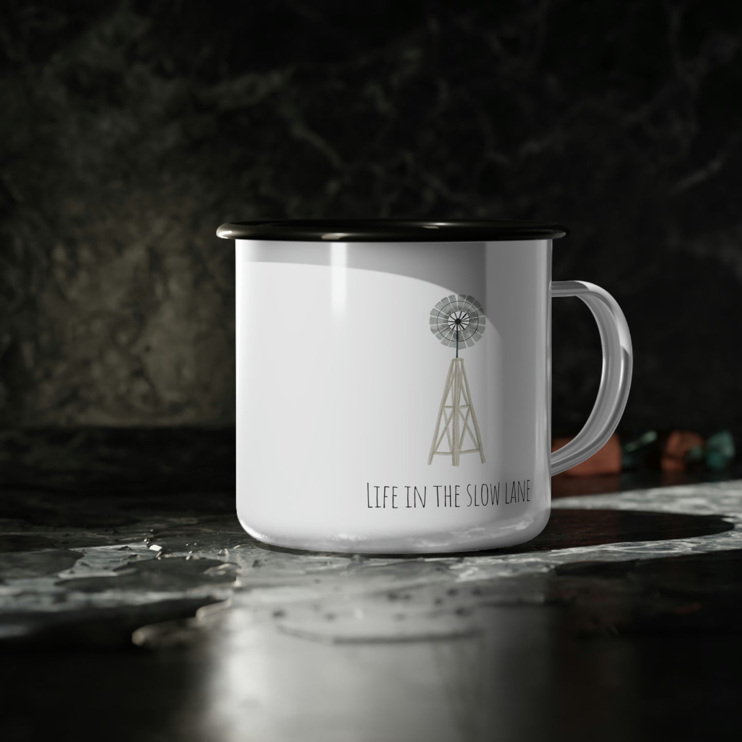 Life in the Slow Lane Windmill Enamel Camp Cup