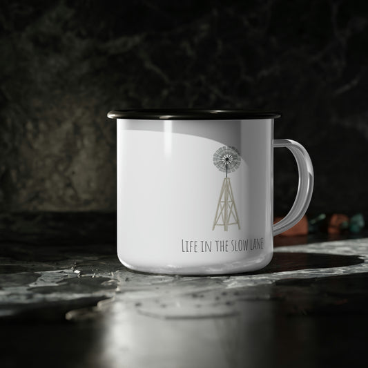Life in the Slow Lane Windmill Enamel Camp Cup